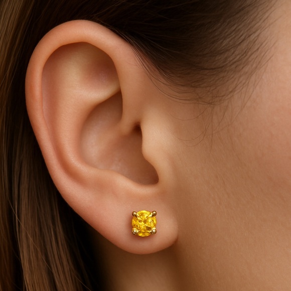 6mm Yellow Cubic Zirconia Stud Earrings – Stainless Steel Hypoallergenic - Picture 3 of 4